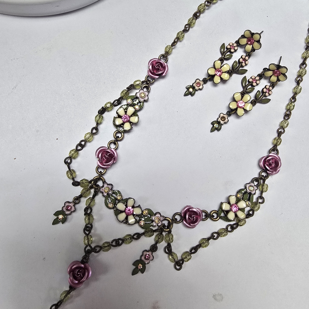 Avon Floral Necklace and Earring Set with Pink and Green Accents